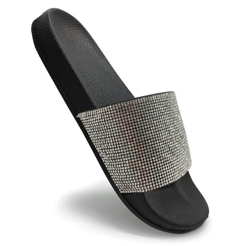 FUNKYMONKEY Women's Slides Rhinestone Glitter Slip On Footbed Platform Sandals (8 M US, Black) - Image 2